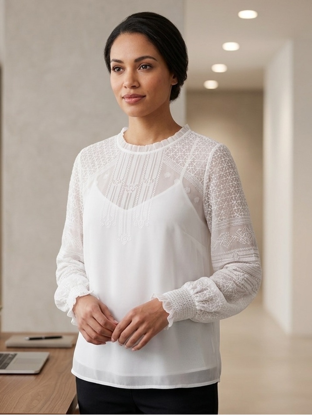 White House Black Market White Lace-Inset Sheer Sleeve Blouse embroidery NWT